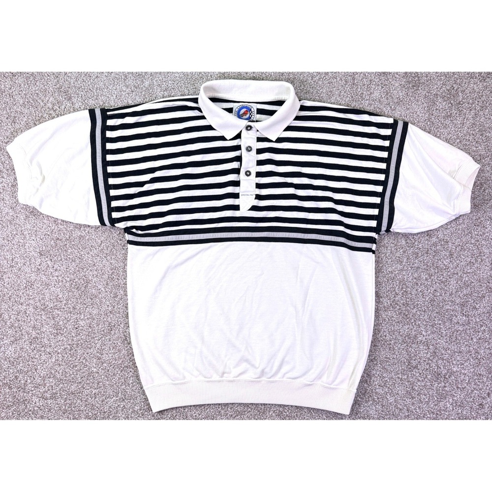 Vintage Greenline Polo Shirt Mens M White Striped Short Sleeve Racing Graphic